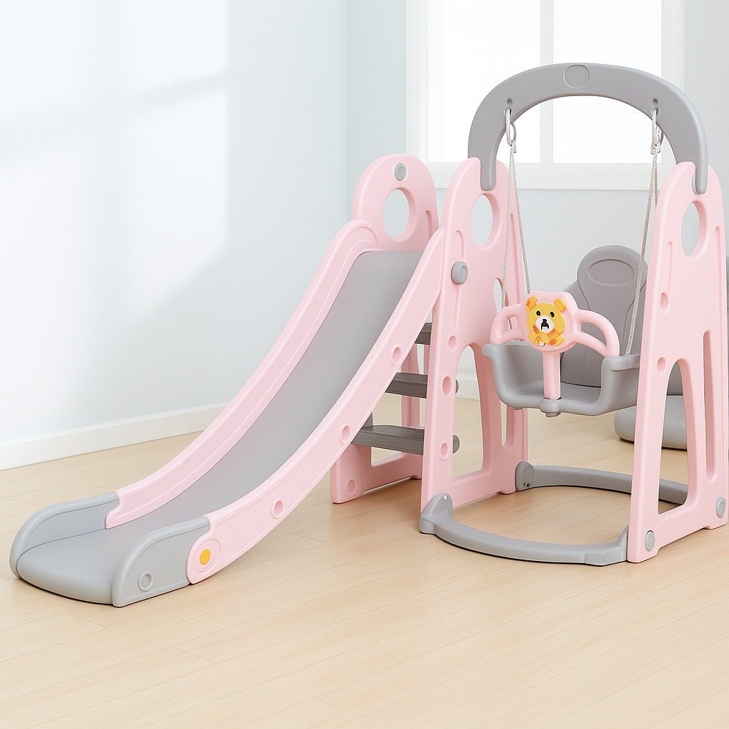 3-in-1 Kids Indoor Slide, Swing & Basketball Set – Pink & Grey Playset for Toddlers (175×120×106 cm)